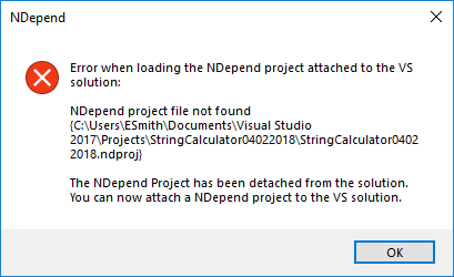 Image showing that the NDepend project referenced from the VS project cannot be found.